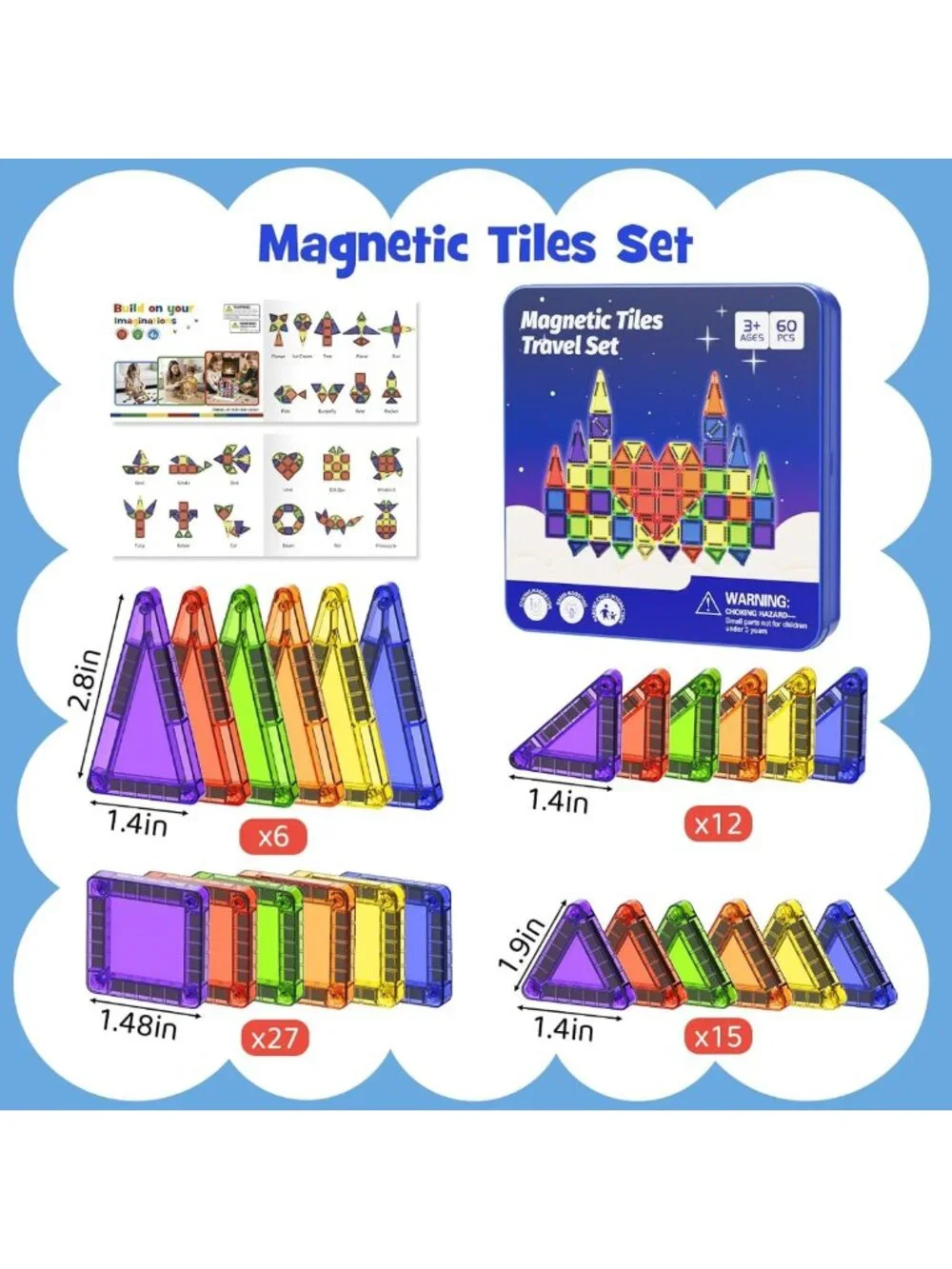 60pcs Mini Magnetic Building Tiles Travel Kit for Kids 3-8, STEM Sensory Toys
